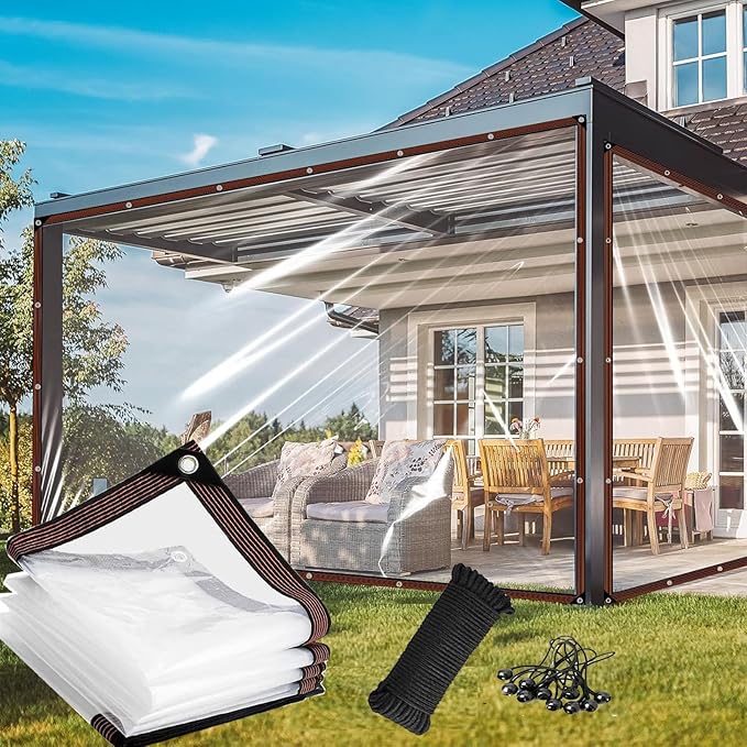 17x21FT Clear Tarps Heavy Duty Waterproof, Clear Vinyl Tarp with Grommets and Elastic Ball Rope, 3FT 4FT 5FT 6FT 7FT for Outdoor Patio Enclosure Greenhouse Chicken Coop Cover