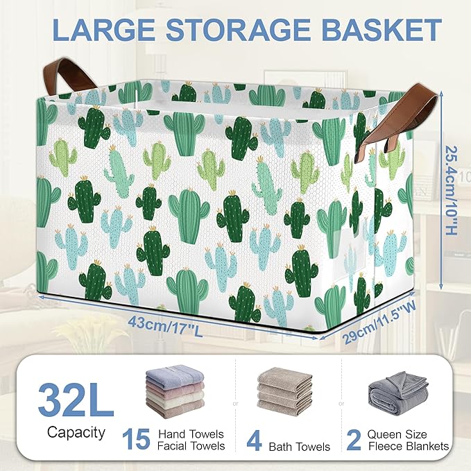 Cactus Tropical Storage Basket,Collapsible Storage Bin Cubes for Living Room Bedroom Blankets Home Storage 17x11.5x10Inch