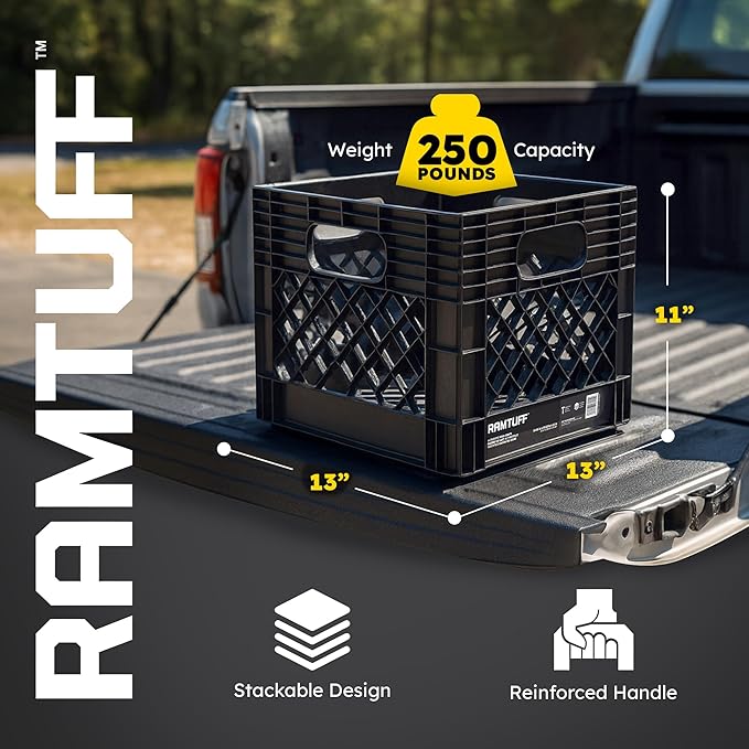 Ramtuff 4 Pack Storage Milk Crate, Durable Plastic Home Organizers, Stackable Box Set with Reinforced Handles, 250 lb Load Capacity, Black
