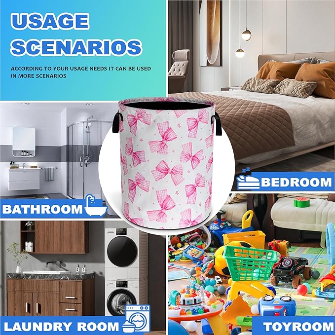 Pink Bow Laundry Basket Oxford Cloth Bowknot Laundry Hamper With Handle Foldable Portable Clothes Storage Basket 18.9 X 16.5 In Storage Bag For Laundry Room/Bathroom/Bedroom/Dormitories