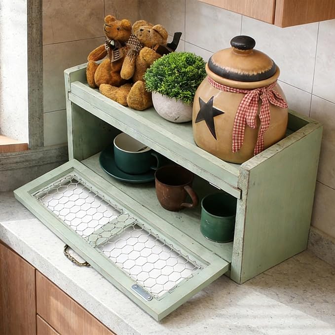 Farmhouse Countertop Storage Organizer, Rustic Wood Kitchen Cabinet with Chicken Wire, Kitchen Pantry Display Shelf, Country Vintage Style. Distress Teal