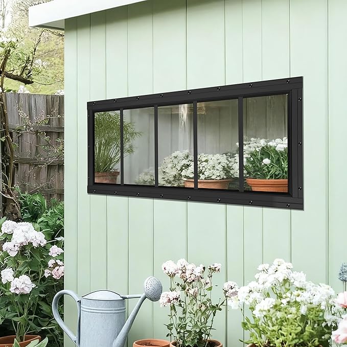 Shed Windows 2 Pack, Transom Windows 10" x 29" with Tempered Glass, Garage Doors Window for Shed, Chicken Coop, Playhouse, Household (Black)