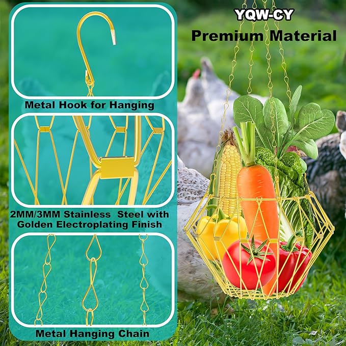 Hanging Chicken Feeder with Shepherd's Hook, Foldable Chicken Vegetable Feeder, Golden Poultry Fruits Feeding Holder Basket with Hanging Chain for Chicken Coop Accessory