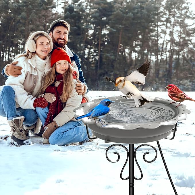 Heated Bird Bath for Outside Winter, Powerful 100W Thermostat Control Heated Bird Baths for Outdoors with 5-Prong Metal Stake, Heated Birdbath Water Heater for Garden Yard Patio Lawn (Grey)