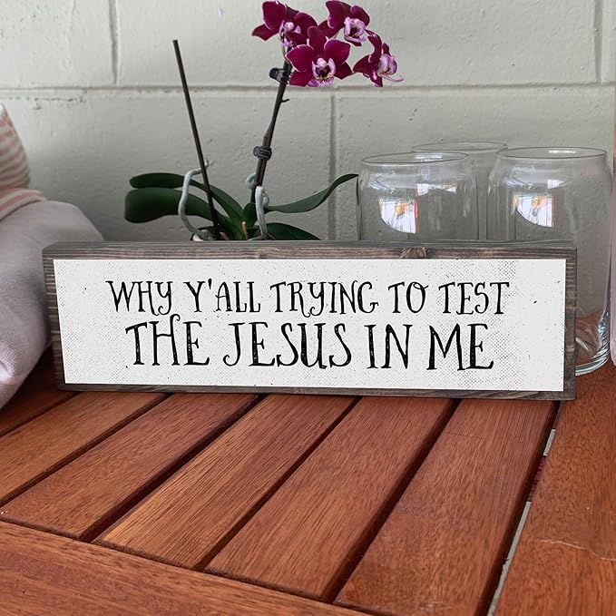Wood & Metal Southern Sign – Weatherproof Indoor Outdoor Wall Decor – Rustic Charm with "Why Y’all Trying To Test The Jesus In Me" – Gift-Wrapped & Ready to Give
