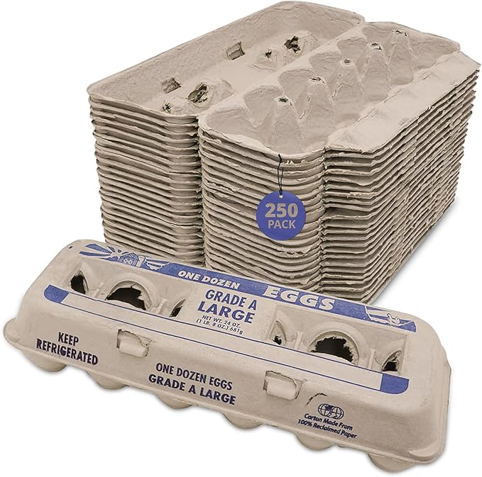 Stromberg's Grade A Large Printed Egg Cartons, Biodegradable and Eco-Friendly, Made From Recycled Materials, With Educational Prints for Safe Handling Instructions and Nutrition Facts, 250 Pack
