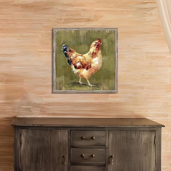 Farmhouse Wall Art Chicken Picture: Rustic Farm Animal Wooden Framed Artwork Decor Kitchen Country Print Chickens Hen Artwork for Bedroom Living Room Home 16 x 16 Inches