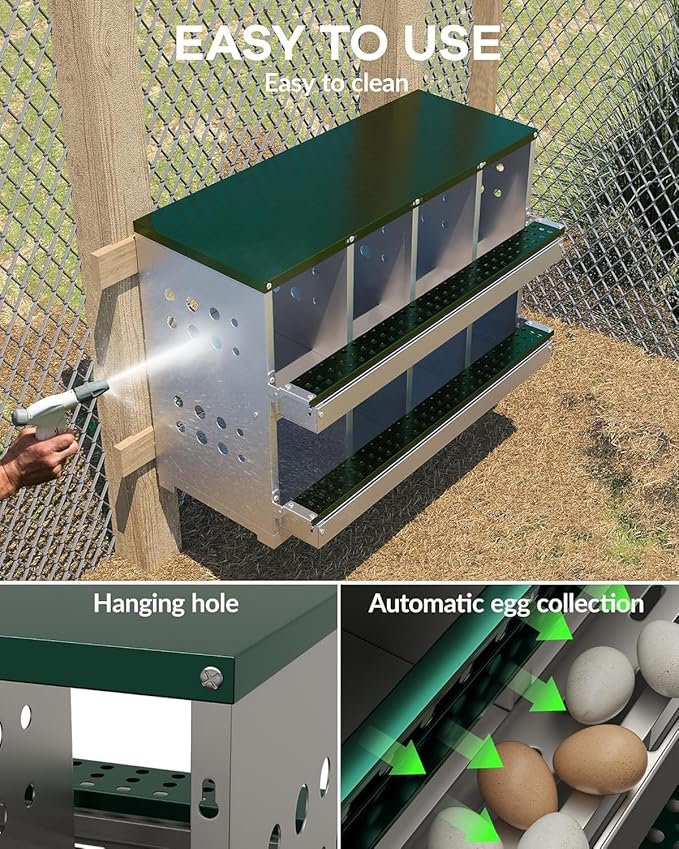 PioneerWorks Wall-Mountable Rollaway Chicken Nesting Box, 8-Compartment Metal Hen Nest Box with Roll-Out Egg Collection, Weatherproof & Ventilated Design for Chicken Coops, Green