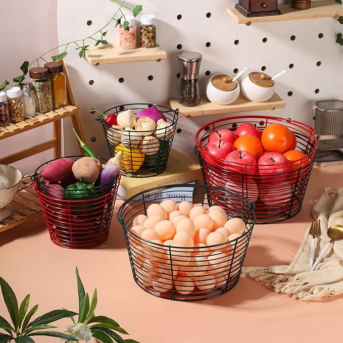 Colorful Metal Mesh Wire Egg Collecting Basket with Handle Portable Garden Vegetable Fruit Storage Lightweight Hanging Collector for Farmhouse Gathering Kitchen Picnic (Red, Large - 12")