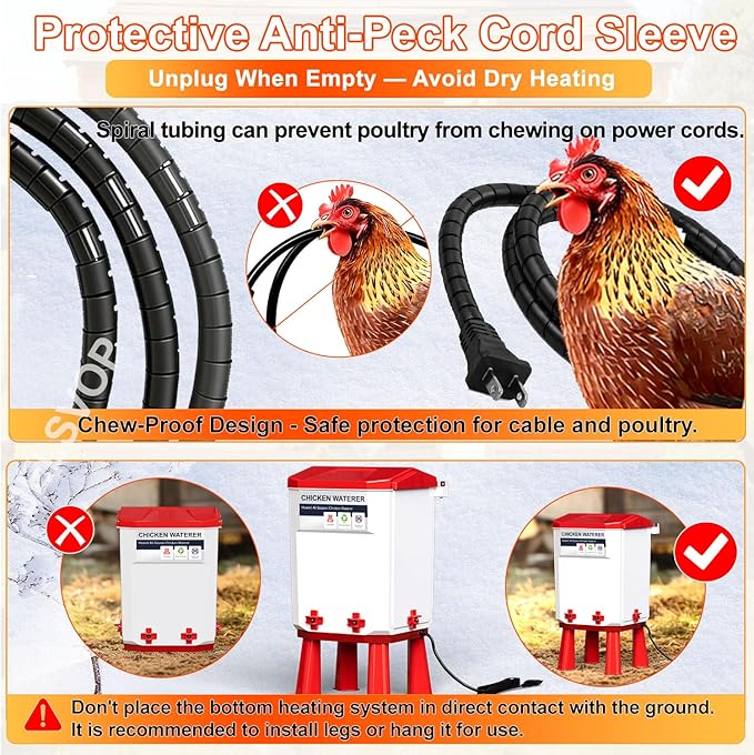 Heated Chicken Waterer, 7L Chicken Water Heater Bucket for Winter with 4 Nipple Drinkers, Anti-Freezing, Winter and Summer Dual-use, Automatic Heated Poultry Drinker for Coop (Red)