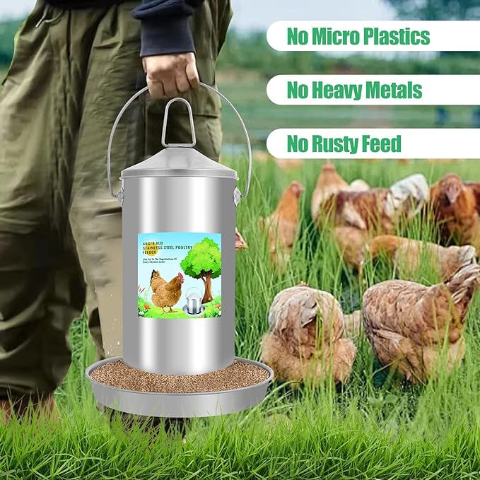 Automatic Chicken Feeder 4KG/8.8lbs, Heavy Duty Stainless Steel Reliable Long-Lasting Poultry Feeder with Handle, High Strength Structure 0.035 Inch/0.9mm Metal Thickness