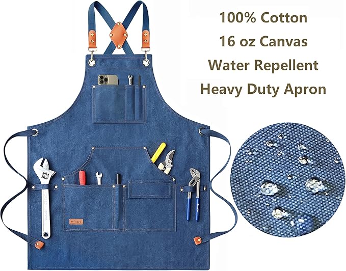 AFUN Work Aprons for Men with Large Pockets, Cotton Canvas Cross Back Heavy Duty Adjustable Tool Apron, Size M to XXL (Darkblue)
