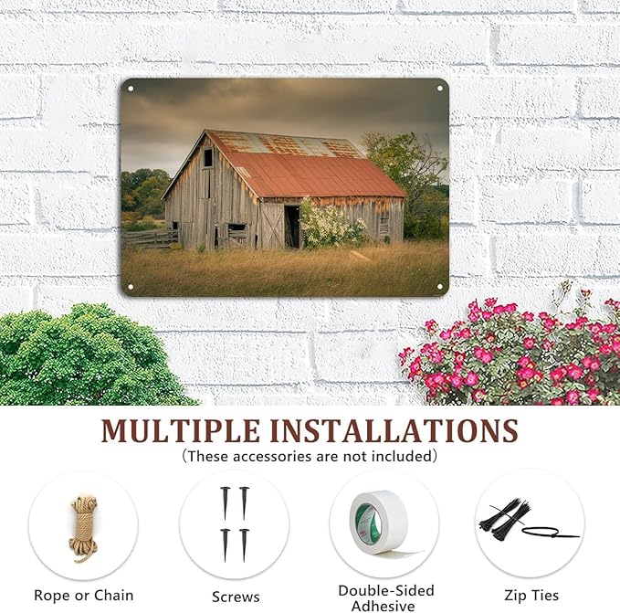 Rustic Barn Farmhouse Landscape Vintage Country Metal Sign Print Aesthetic for Garden Yard Bar Porch Home Bedroom Kitchen Wall Decor Decor Gift 8 x 12 inch