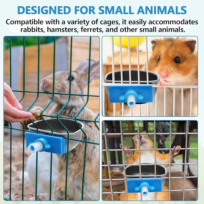 10 Pcs Rabbit Water Bowls Nipple Drinker 2.56 x 2.36 x 1.18 Inch 304 Stainless Steel Rabbit Breeding Drinking Waterer Removable Hanging Bunny Water Bowl for for Cages Small Animals
