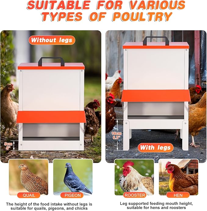 Automatic Chicken Feeders 30lb Metal Poultry Feeder no Waste Large Hanging Chicken Feeders Trough with Leg for Chickens Coop Quail Ducks Outside Galvanized Waterproof Chicken Feeder (30LB)