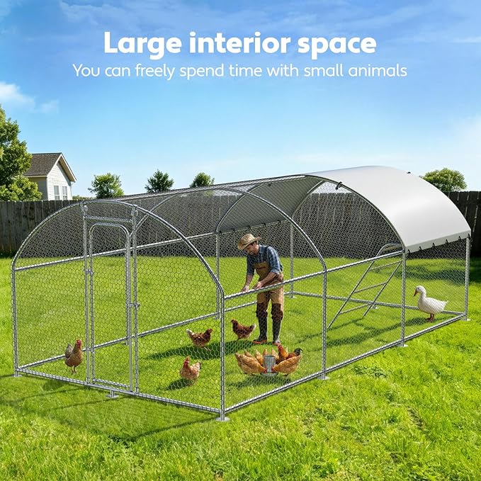 Large Metal Chicken Coop with Roosting Perch Walk-in Poultry Cage Chicken Run House Chicken Pen Dome Shaped Coop with Waterproof Cover for Outdoor Backyard Farm Use(10' L x 19.7' W x 6.4' H)