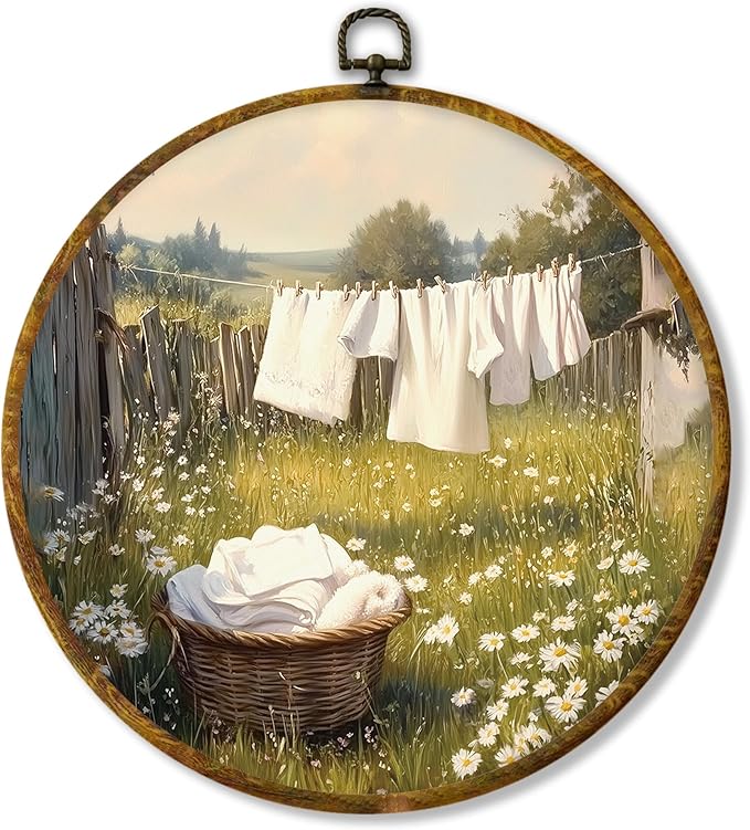 Hiuwevt Farmhouse Rural Laundry Round Wall Art Decor, Sunny Daisy Flower Field Hanging Canvas Prints Artwork Framed, Bright Cottagecore Rustic Life Circular Wall Decor for Home Cabin, 10x10 Inch