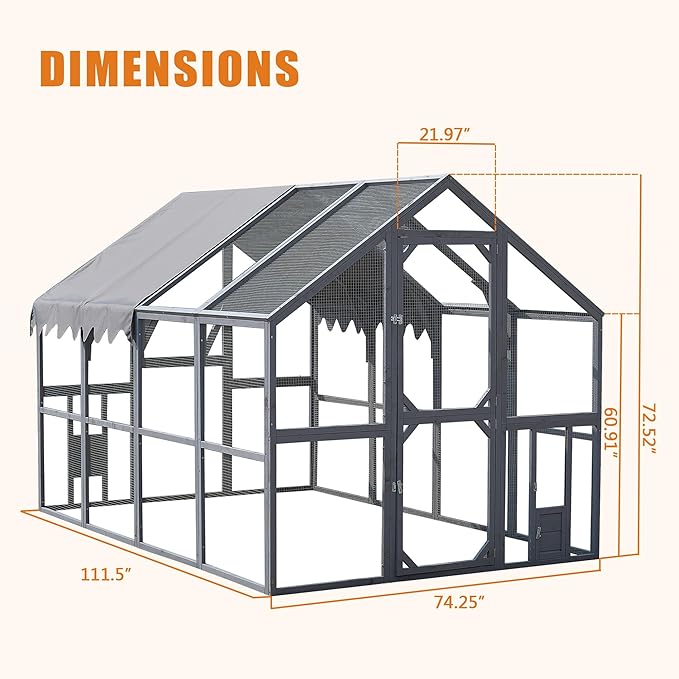 KEIKI Chicken Coop, 9.3 x 6.2 x 6 FT, Large Wooden Chicken Run with Waterproof Cover, Outdoor Walk-in Hen House, for Backyard Farm, Grey