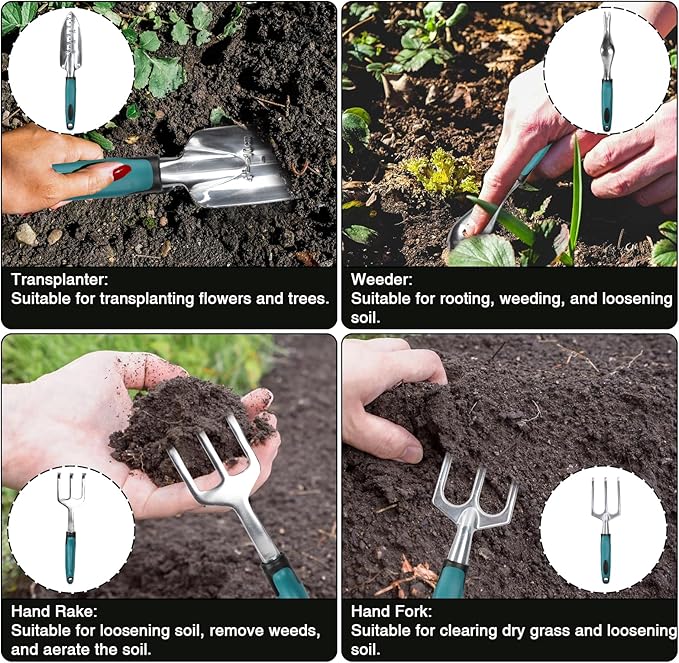 Garden Tools, Gardening Tool Set with Non-Slip Handles, Lightweight Aluminum Alloy Rust-Proof Gardening Hand Tools with Gloves Ideal Gardening Tools Gifts for Women and Men (11 Pcs)