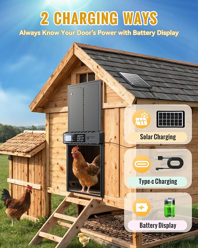 Automatic Chicken Coop Door Solar Powered with XL Large Size 10.8″x 14.2″ Auto Chicken Door Design with USB-C Charging & 3 Modes, Anti-Pinch & Aluminum Alloy Weather Proof-Black