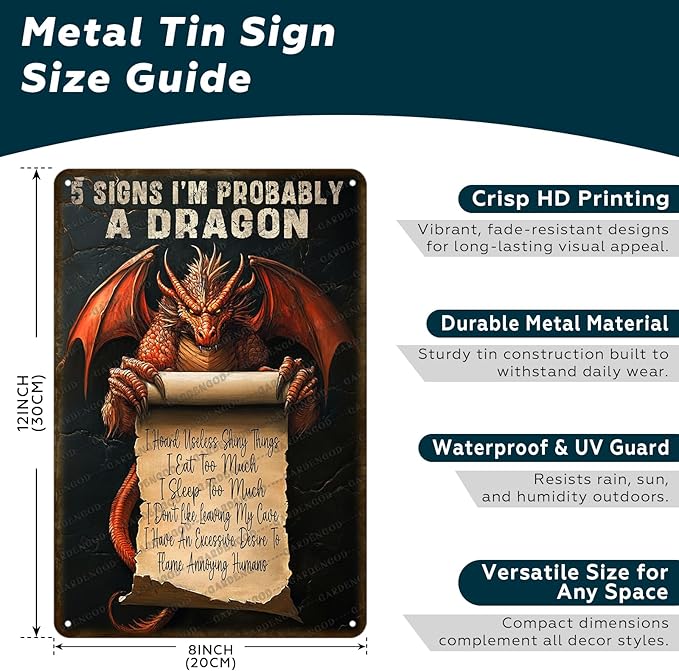 Retro Dragon Quote Metal Sign 5 Signs I'm Probably A Dragon Rustic Wall Decor Vintage Tin Plaque Fantasy Bedroom Office Art For Collectors 12x8 Inch