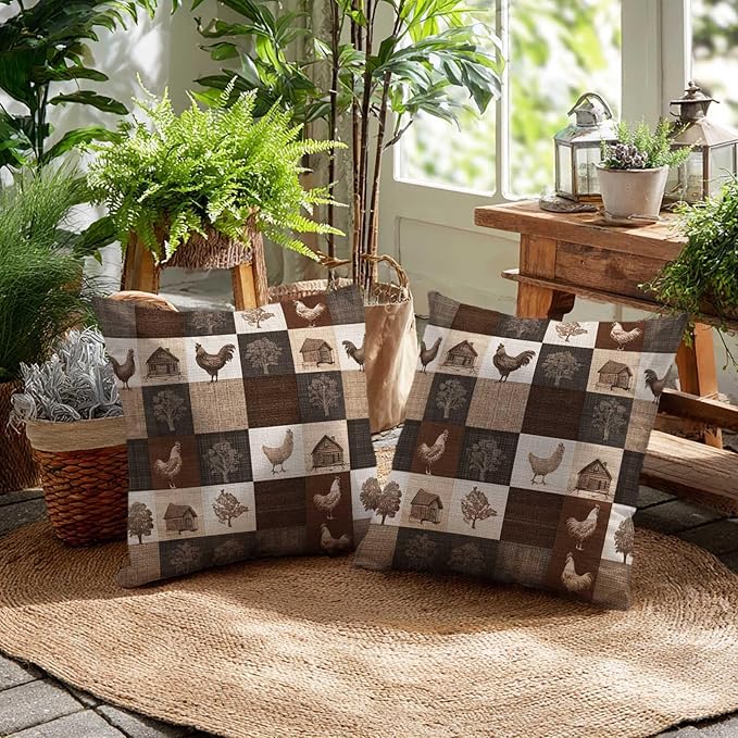 Farmhouse Chicken Patchwork Print Throw Pillow Covers 18x18 Inch, Set of 2 | Rustic Country Square Cushion Cases for Couch Sofa Bedroom | Neutral Brown Home Decor, Decorative Pillowcases