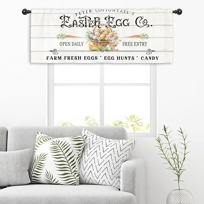 Miyotaa Rustic Easter Eggs Spring Kitchen Curtain Valance 54W x 18H Rod Pocket Farmhouse Rabbit Bunny Carrot Window Treatment for Living Room Bedroom Bathroom