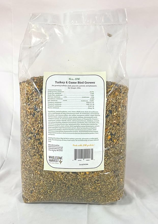 Non-GMO 10 lb Turkey Feed - Natural Peacock, Game Bird & Bird Feed, 24% High Protein Complete Food with Essential Oils, Herbs, Vitamins & Probiotics Formula for Healthy Flock Growth