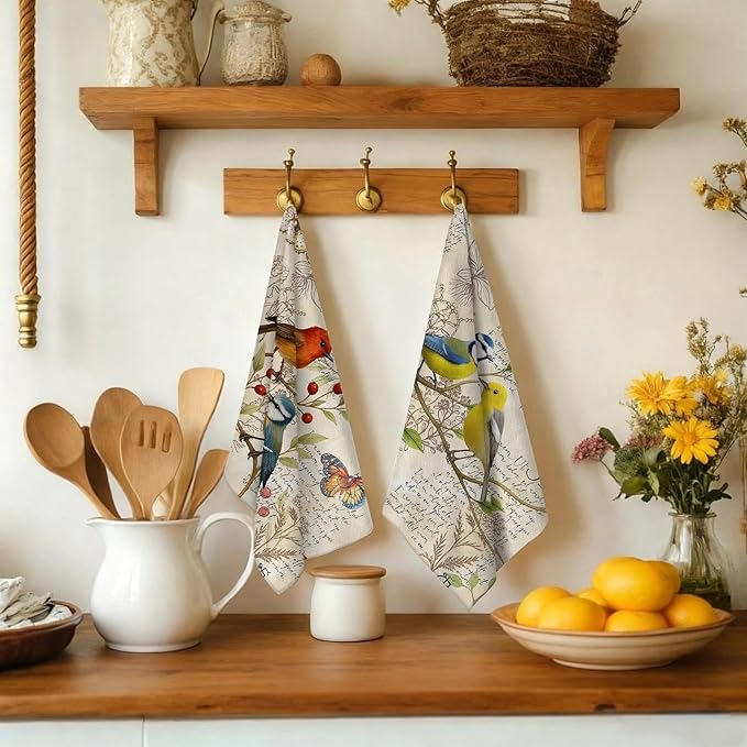 Vintage Birds Kitchen Towels, Retro Rustic Dish Towels for Kitchen Set of 4, Cute Birds Tea Towel Decor for Party Anniversary Holiday Decoration Housewarming Gifts