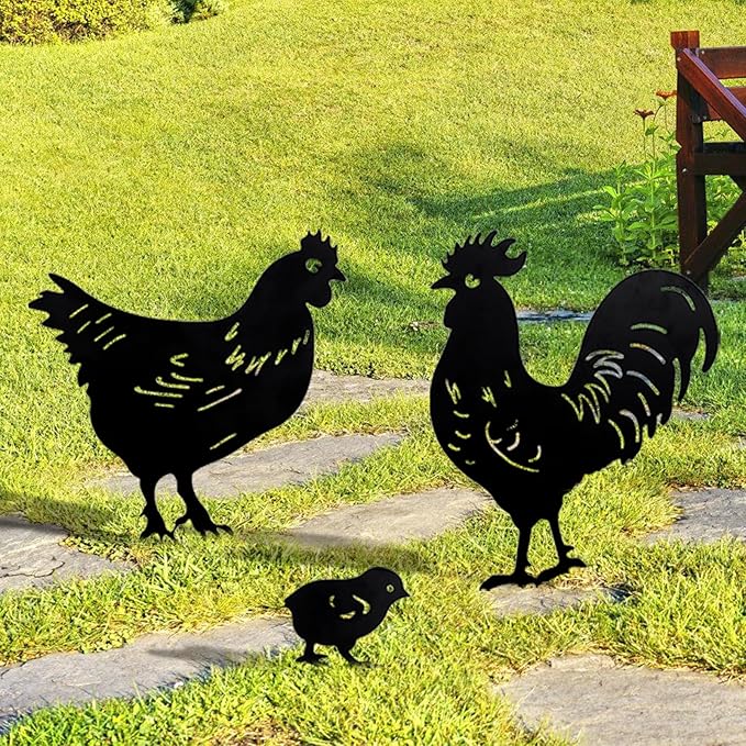 TT & MM Chicken Gifts for Women/Men,Metal Chicken Yard Decor 3 Pcs Rooster Decorations Garden Stakes,Hen/Chicks Silhouette Statues for Yard Art,Backyard,Patio,Lawn,Outdoor Decor