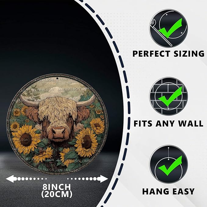 Vintage Highland Cattle Round Metal Sign Retro Sunflower Tin Sign Nostalgic Rustic Wall Decor Bedroom Living Room Cafe Yard Office Fence Door Outside Farmhouse Farm 8 * 8 In