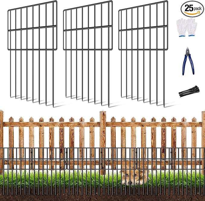 25 Pack Garden Animal Barrier Fence, 17in(H) x27ft(L) No Dig Decorative Fences, 1.5in Spike Spacing Rustproof Metal Garden Fence Border for Dogs Rabbits, Bottom Blocker for Outdoor Yard Patio