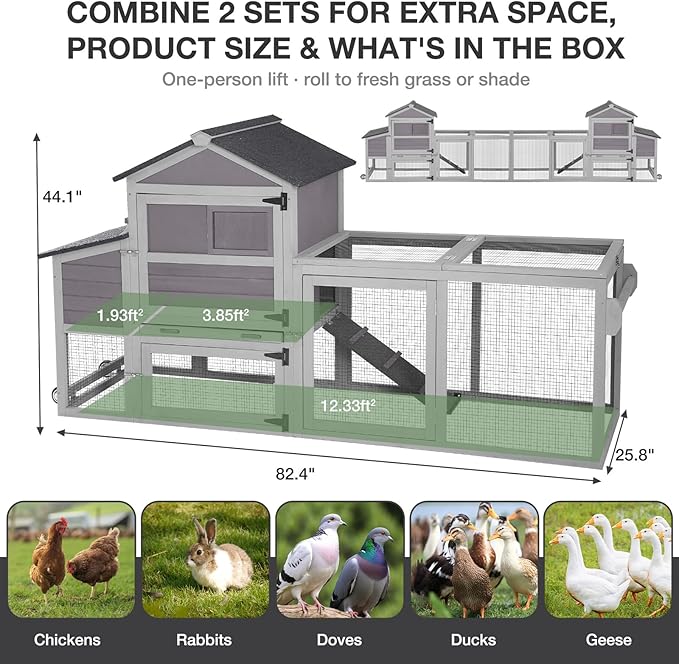Large Chicken Coop with Wheels, Wooden Hen House with Run & Nesting Box, for 3-5 Chickens, Waterproof Asphalt Roof, Ramp & Leakproof Tray, Expandable - Grey