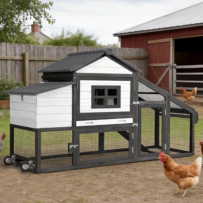 Aivituvin Chicken Coop with Run and Wheels, Mobile Outdoor Hen House Wooden Poultry Cage with Waterproof Roof (Black, AIR23)