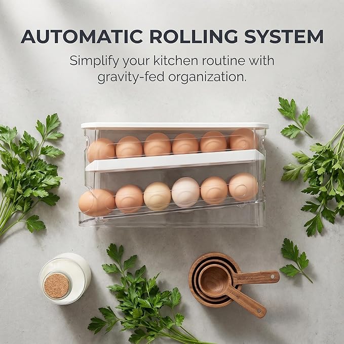 Auto-Rolling Egg Dispenser with Lid - Transparent Fridge Egg Organizer, Space-Saving Refrigerator Storage Box with Slide Design for Side Door, Stackable & Easy Access (1 Pack)