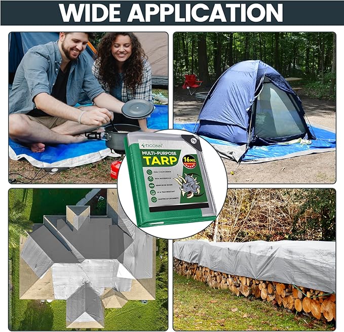TICONN Heavy Duty Tarp Cover, Extra Thick Tarps Waterproof Tear and Rip Proof UV Resistant Tarpaulin with Reinforced Grommets and Edges (16 Mil, 20'x30')