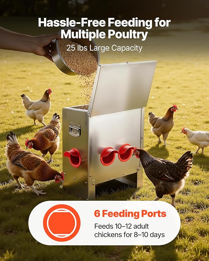 VEVOR Automatic Chicken Feeder, 25 lbs Capacity, 6 Feeding Ports No-Waste Poultry Feeder, Automatic Gravity, with Handle Latch Lid, Metal Construction, for Chickens Bantams Pheasants Poultry Coop