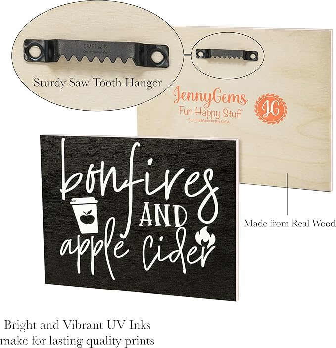 JennyGems Bonfires & Apple Cider Wooden Sign Cozy Fall Farmhouse Decor, Rustic Autumn Decorations, Made in USA