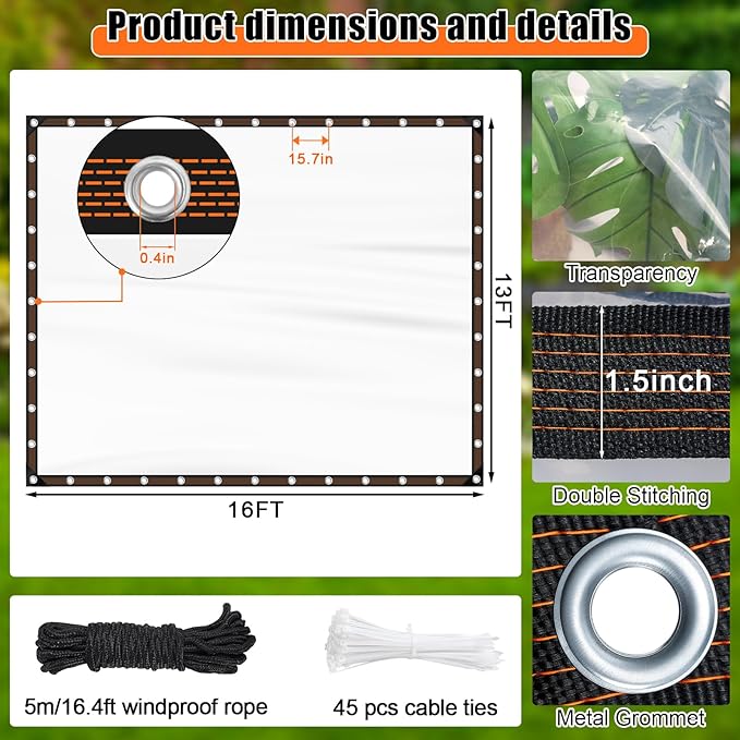 ZYP 13x16 FT Heavy Duty Clear Waterproof Tarps Outdoor Garden Rainproof Covering,Clear Vinyl Tarp with Grommets,Transparent Waterproof Tarpaulin for Covering Henhouse Porch Canopy Plant Camping