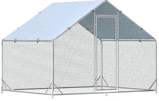 Large Metal Chicken Coop Walk-in Poultry Cage Hen Run House Habitat Spire Shaped Cage with Waterproof and Anti-Ultraviolet Cover for Outdoor Backyard Farm Use (6.5’ L × 9.84’ W)