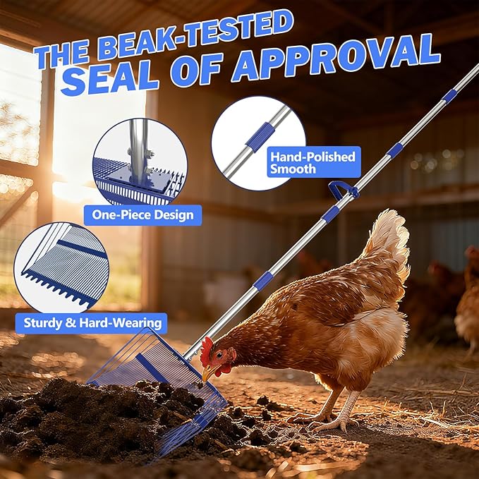 15” Extra Large 2-in-1 Chicken Poop Scooper & Rake with Ergonomic Grip, Metal Goat Chicken Coop Pooper Scooper for Sand with Adjust 38”-77” Stainless Steel Handle, Wide Sifting Shovel Cleaning Tools