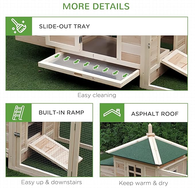 PawHut 77" Wooden Chicken Coop with Nesting Box, Cute Outdoor Hen House with Removable Tray, Ramp Run, for Garden Backyard, Natural