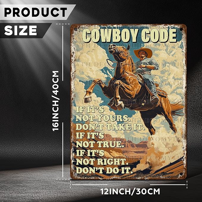 Retro Cowboy Riding Horse Cowboy Code Poster for Home Farm Outdoor Bathroom Restaurant Cafes Bars Club Kitchen Garage Cute Vintage Art Wall Decor 12 * 16inch