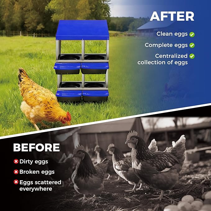 Nesting Boxes for Chickens, 4 Holes Chicken Nesting Box with Removable Tray, Easy Egg Collection, Roll Away Nesting Box for Hens, Chicken Coop, Double Layer, Blue