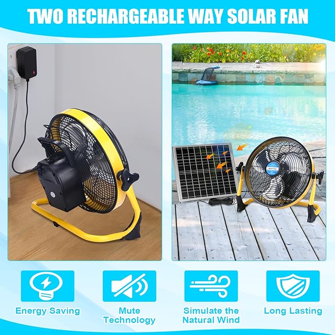 Sumind Solar Powered Fan 15000mah 20w Portable Ventilador Rechargeable Camping Fan Battery Powered with Panel and Light for Outside, Home, Travel, Chicken Coop, Shed, Greenhouse(Yellow,10 Inch)
