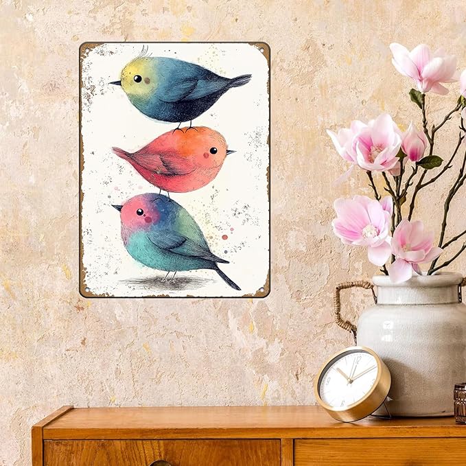 Vintage Tin Sign Watercolor Birds Wall Decor Nursery Birds Print Cute Wall Decoration Birds Nursery Animals Sign Poster Home Bar Plate Wall Decor Birds Metal Sign 12x16 Inch
