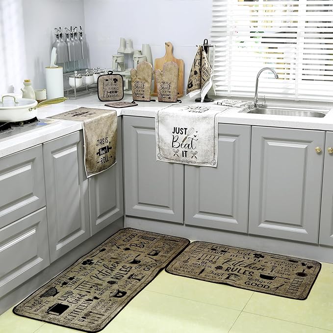 10 Pcs Attractive Style Kitchen Dish Towels Rugs Oven Mitts and Pot Holders Set Farmhouse Kitchen Decor Set for Women Mom Daughter Gift Cooking Baking Grilling (Rustic Farmhouse)