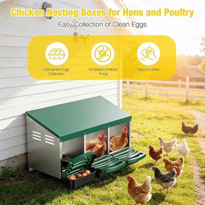Aivituvin Chicken Nesting Box, 3 Compartments Chicken Egg Laying Box, Metal Nesting Boxes with Swing Perch for Chickens, Roll Away Egg Collection for Chicken Coop (Green)
