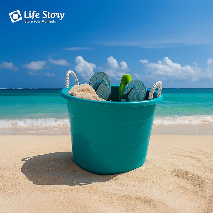 Life Story Open Storage Bucket, Round Plastic Container with Rope Handles, 17 Gallon, Teal, 2 Pack