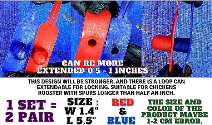 A.D.P. R5 2Pairs Red & Blue Color, Rooster Booster Chicken Mitt Safety Poultry Bird Botas para GALLOS BREEDING Supplies Leg Protect & Care, Best Rubber